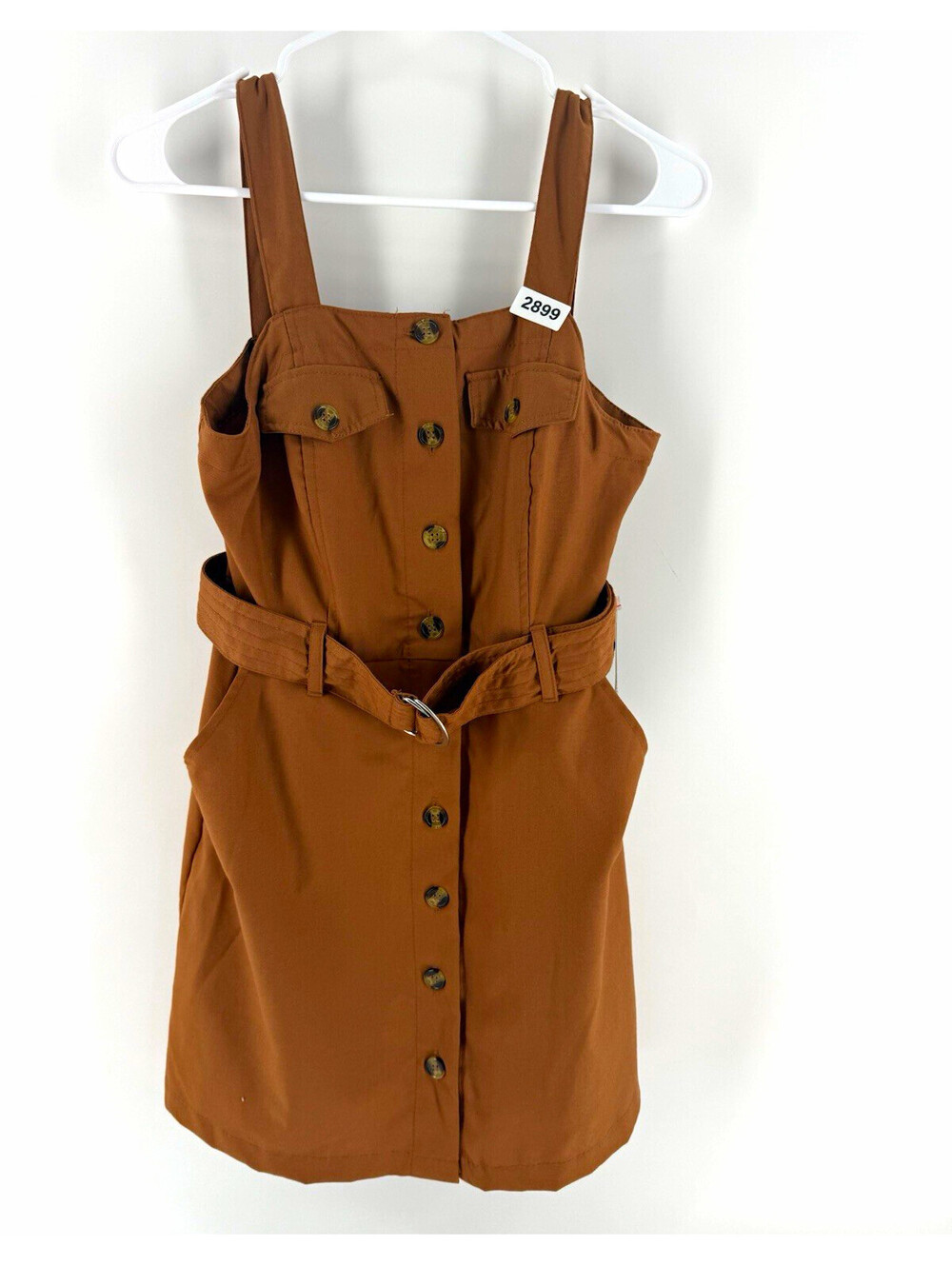 Justify Womens Brown Solid Belted Button Front Square Neck Romper Sz S